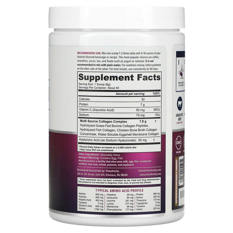 Vitauthority, Multi Collagen Protein Plus Vitamin C, Hyaluronic Acid, Unflavored, 11.3 oz (320 g) 856360008008