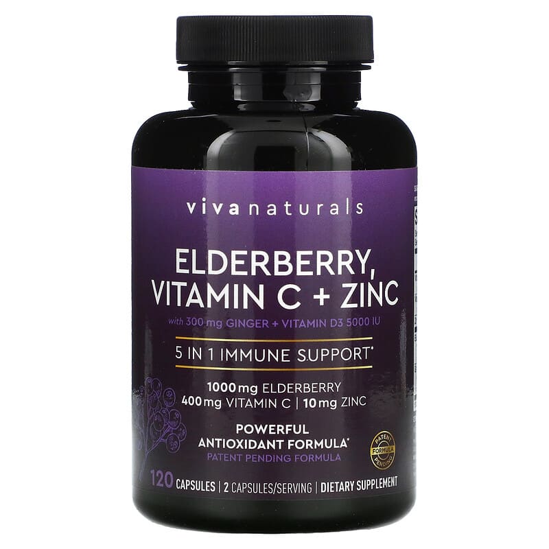 Viva Naturals, Elderberry, Vitamin C + Zinc, 5 in 1 Immune Support, 120 Capsules 811067031780