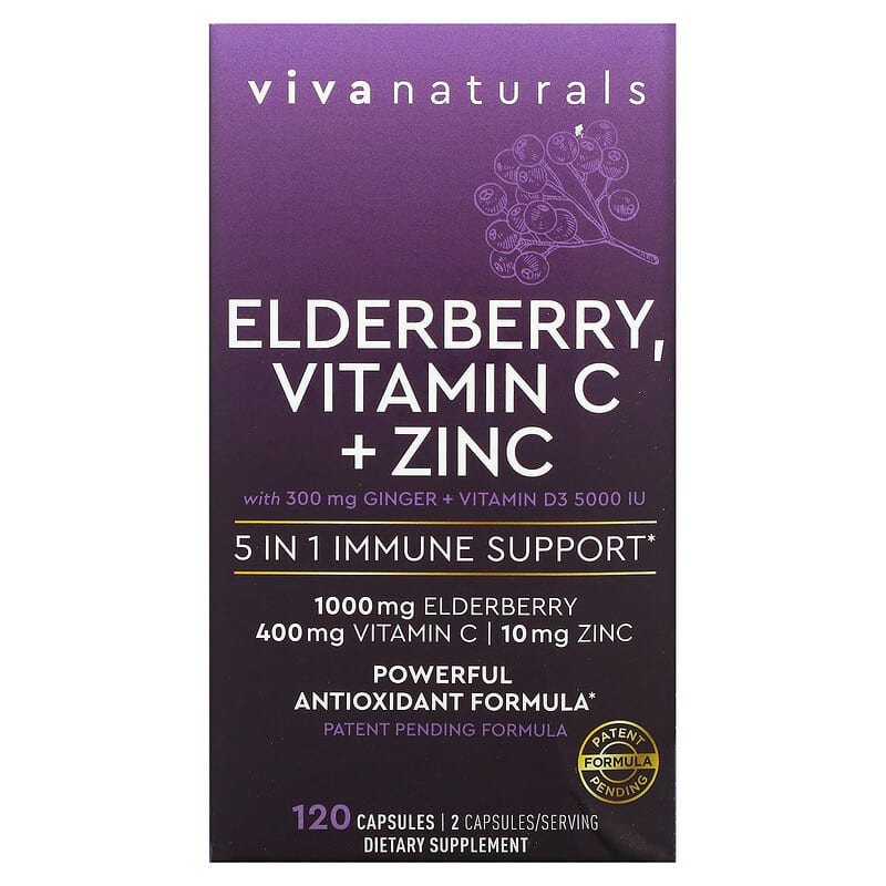 Viva Naturals Elderberry Vitamin C + Zinc 5 in 1 Immune Support 120 Capsules 811067031780