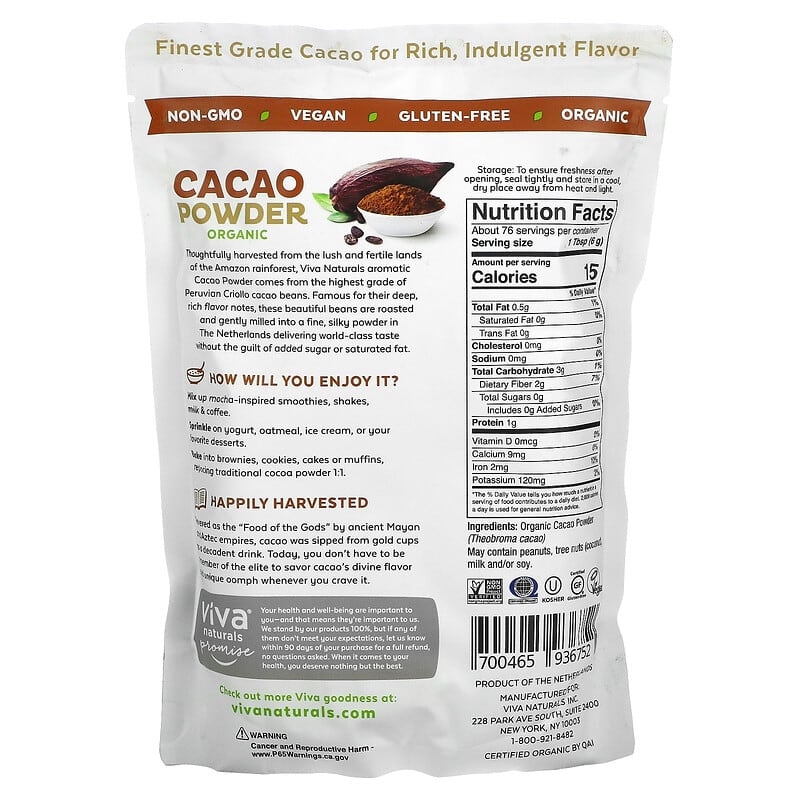 Viva Naturals, Organic Cacao Powder , 1 lb (454 g) 700465936752