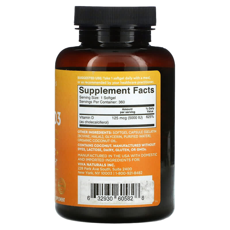 Viva Naturals, Vitamin D with Organic Coconut Oil, High-Potency, 5,000 IU, 360 Softgels 632930605828