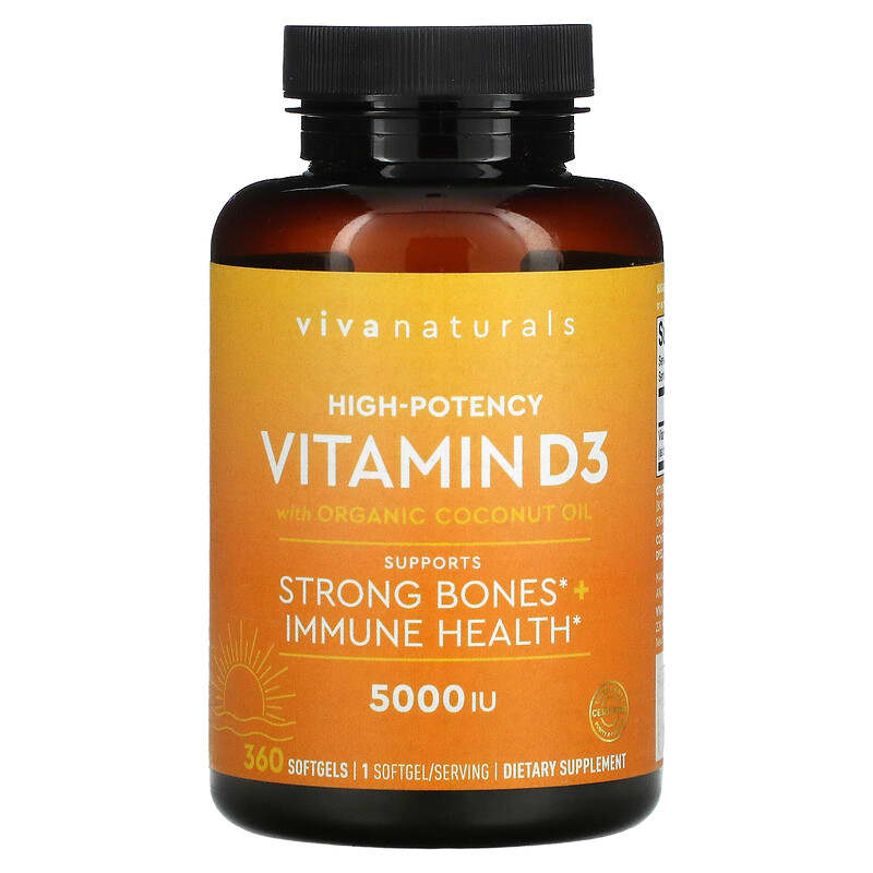 Viva Naturals Vitamin D with Organic Coconut Oil High-Potency 5,000 IU 360 Softgels 632930605828