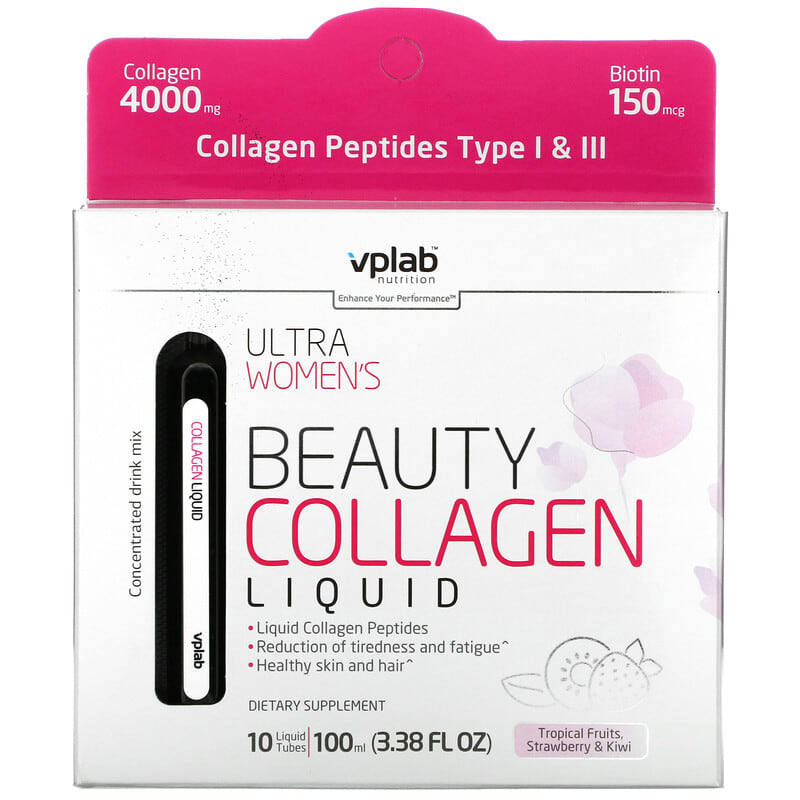 Vplab Ultra Women's Beauty Collagen Liquid Tropical Fruits Strawberry & Kiwi 4,000 mg 10 Liquid Tubes 860003541326