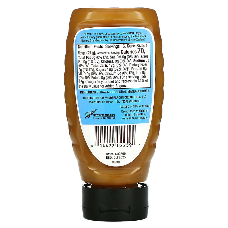 Wedderspoon, Raw, Multifloral Manuka Honey, KFactor 12, 12 oz (340 g) 814422022591
