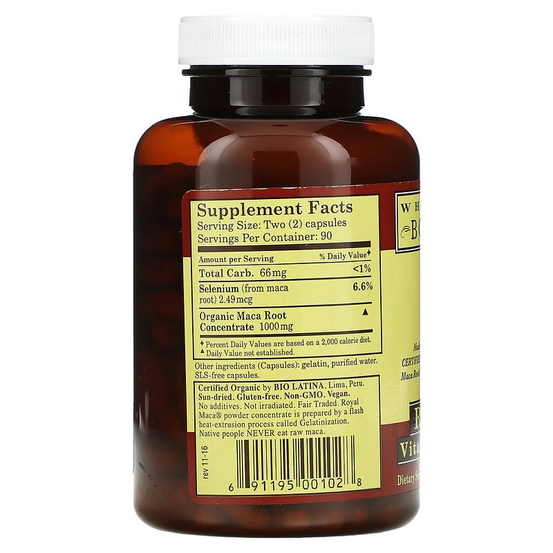 Whole World Botanicals, Royal Maca, 250 mg, 180 Gel Caps 691195001028