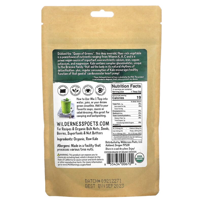 Wilderness Poets LLC, Organic Kale Powder, 3.5 oz (99 g) 855434006704