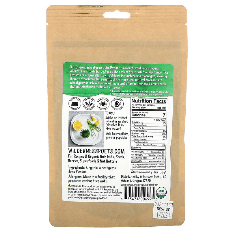 Wilderness Poets LLC, Organic Wheatgrass Juice Powder, 3.5 oz (99 g) 855434006995