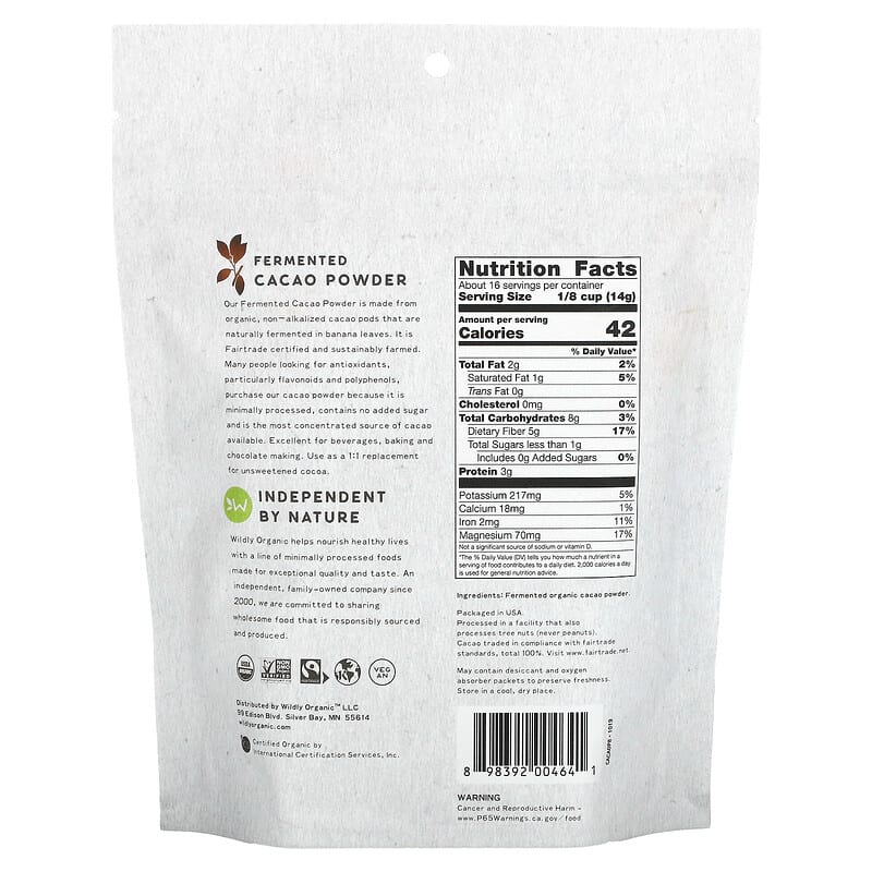 Wildly Organic, Fermented Cacao Powder, 8 oz (227 g) 898392004641