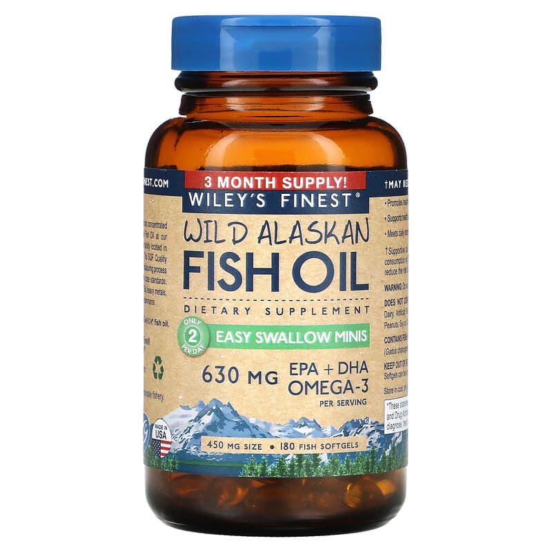 Wiley's Finest, Wild Alaskan Fish Oil, Easy Swallow Minis, 450 mg, 180 Fish Softgels 857188004128