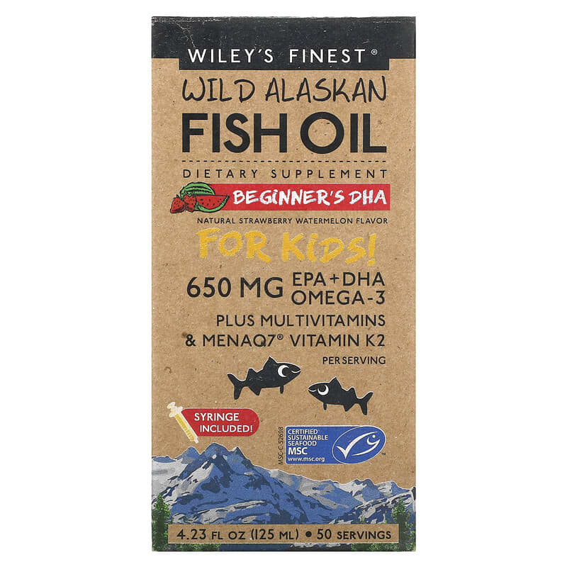 Wiley's Finest Wild Alaskan Fish Oil For Kids! Beginner's DHA Natural Strawberry Watermelon  650 mg 4.23 fl oz (125 ml) 857188004272