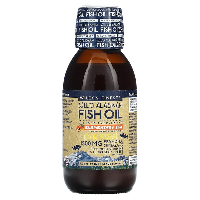 Wiley's Finest, Wild Alaskan Fish Oil For Kids, Elementary EPA, Natural Mango Peach, 1,500 mg, 4.23 fl oz (125 ml) 857188004289