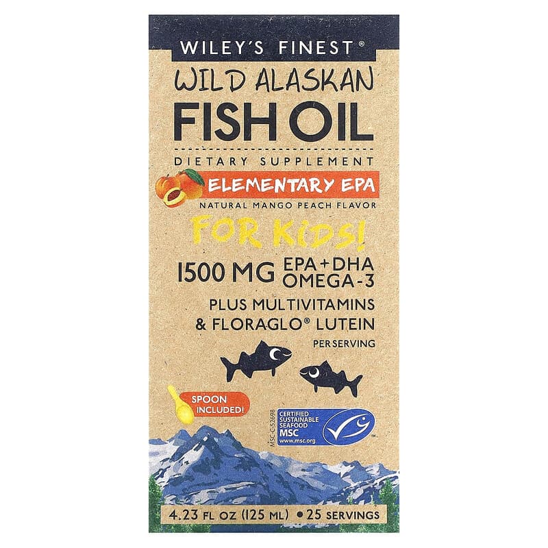 Wiley's Finest Wild Alaskan Fish Oil For Kids Elementary EPA Natural Mango Peach 1,500 mg 4.23 fl oz (125 ml) 857188004289