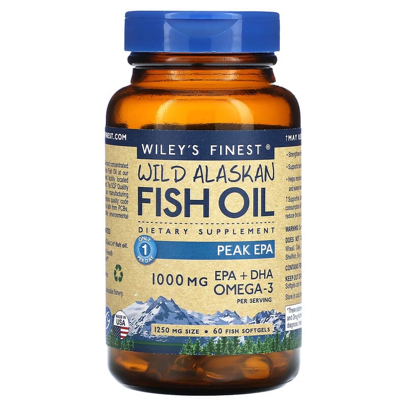 Wiley's Finest, Wild Alaskan Fish Oil, Peak EPA, 1,000 mg, 60 Fish Softgels 857188004074