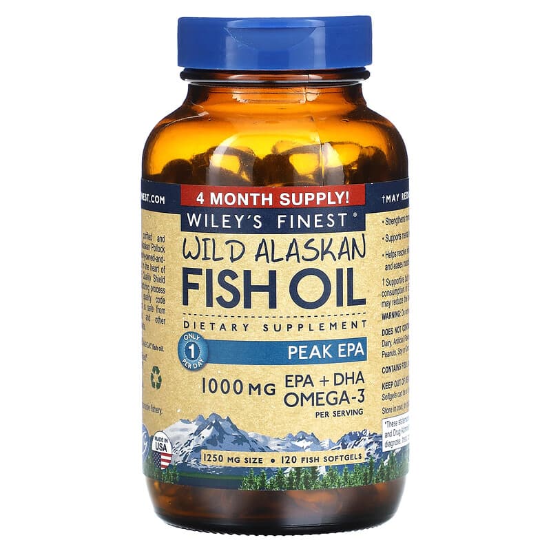 Wiley's Finest, Wild Alaskan Fish Oil, Peak EPA, 1,250 mg, 120 Fish Softgels 857188004203