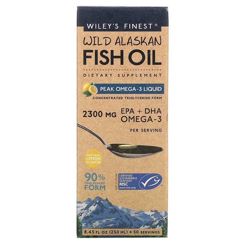Wiley's Finest Wild Alaskan Fish Oil Peak Omega-3 Liquid Natural Lemon 8.45 fl oz (250 ml) 857188004142