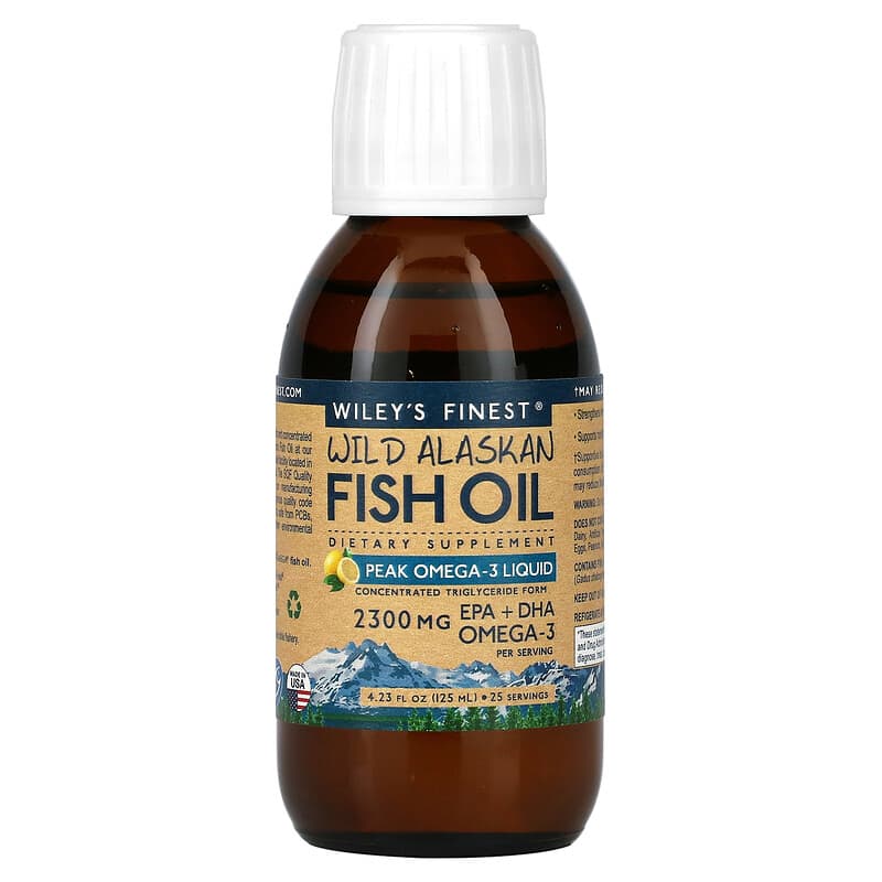 Wiley's Finest, Wild Alaskan Fish Oil, Peak Omega-3 Liquid, Natural Lemon Flavor, 2,150 mg, 4.23 fl oz (125 ml) 857188004043