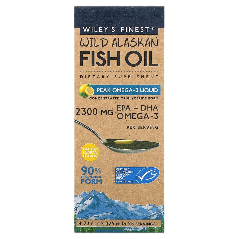 Wiley's Finest Wild Alaskan Fish Oil Peak Omega-3 Liquid Natural Lemon Flavor 2,150 mg 4.23 fl oz (125 ml) 857188004043