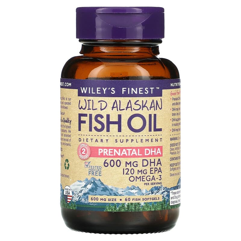 Wiley's Finest, Wild Alaskan Fish Oil, Prenatal DHA, 600 mg, 60 Fish Softgels 857188004036