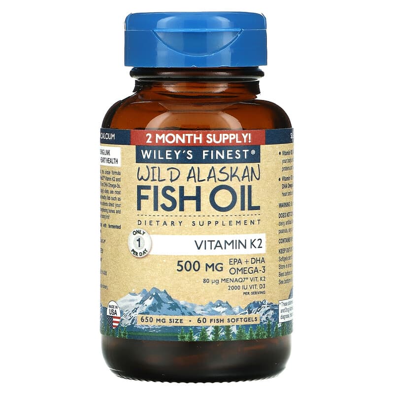 Wiley's Finest, Wild Alaskan Fish Oil, Vitamin K2, 650 mg, 60 Fish Softgels 857188004340