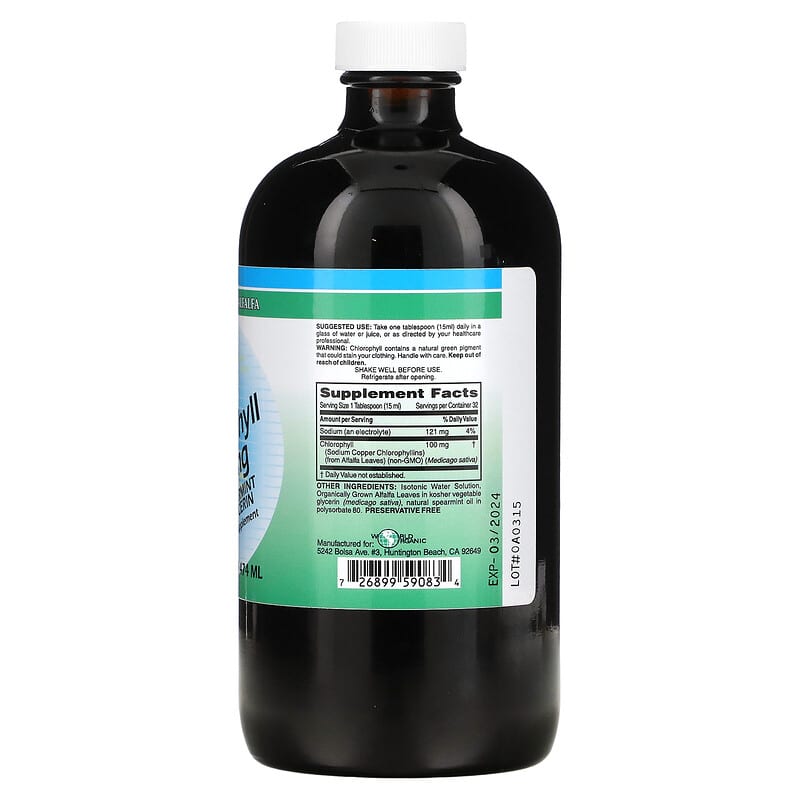 World Organic, Liquid Chlorophyll with Spearmint and Glycerin, 100 mg, 16 fl oz (474 ml) 726899590834