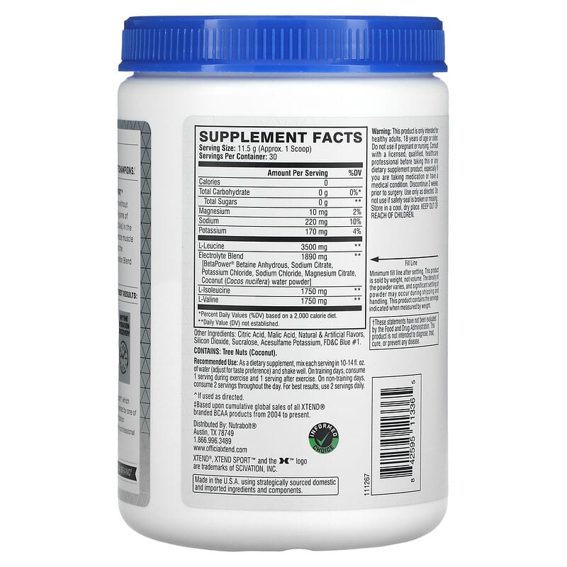 Xtend, Sport, 7G BCAA, Blue Raspberry Ice, 12.2 oz (345 g) 842595113365