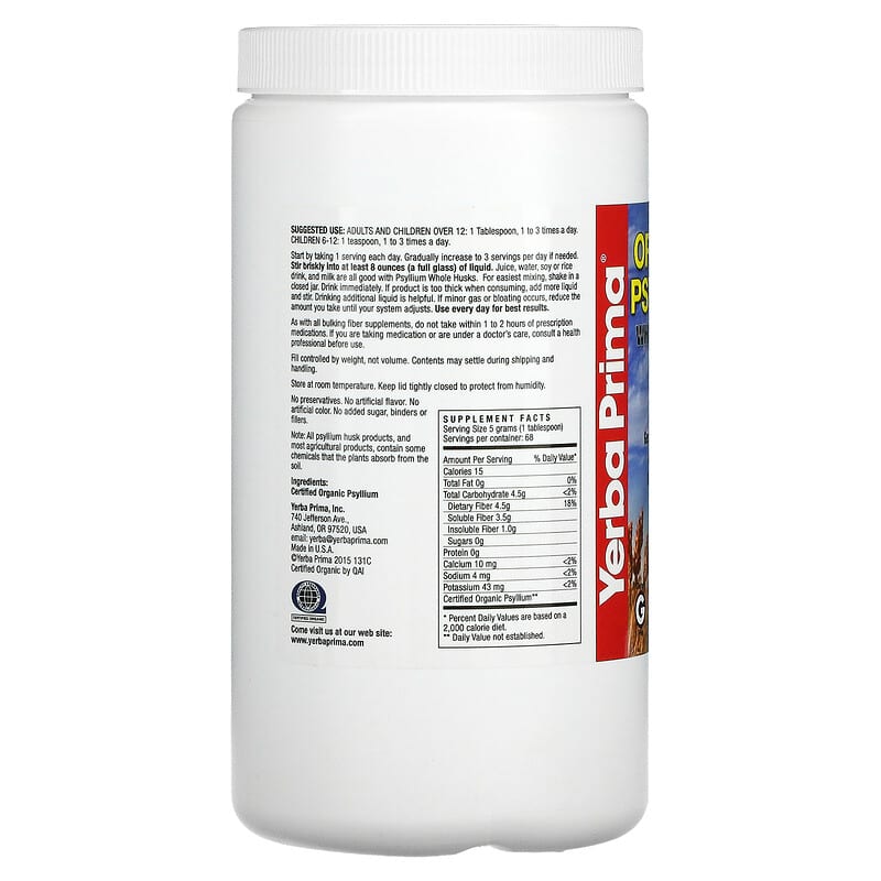 Yerba Prima, Organic Psyllium Whole Husks, 12 oz (340 g) 46352001319