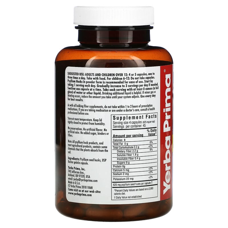 Yerba Prima, Psyllium Husks Caps, 180 Capsules 46352001067