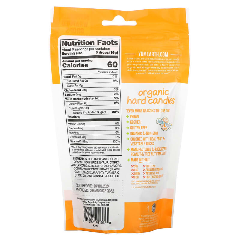 YumEarth, Organic Vitamin C Drops, Citrus Grove, 3.3 oz (93.5 g) 810165011533