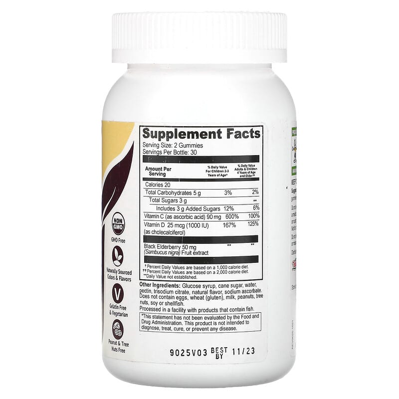 Yum-Vs, Kid's Elderberry, Vitamin C & Vitamin D, Triple Defense, Berry, 25 mcg (1,000 IU), 60 Gummies 810048610136