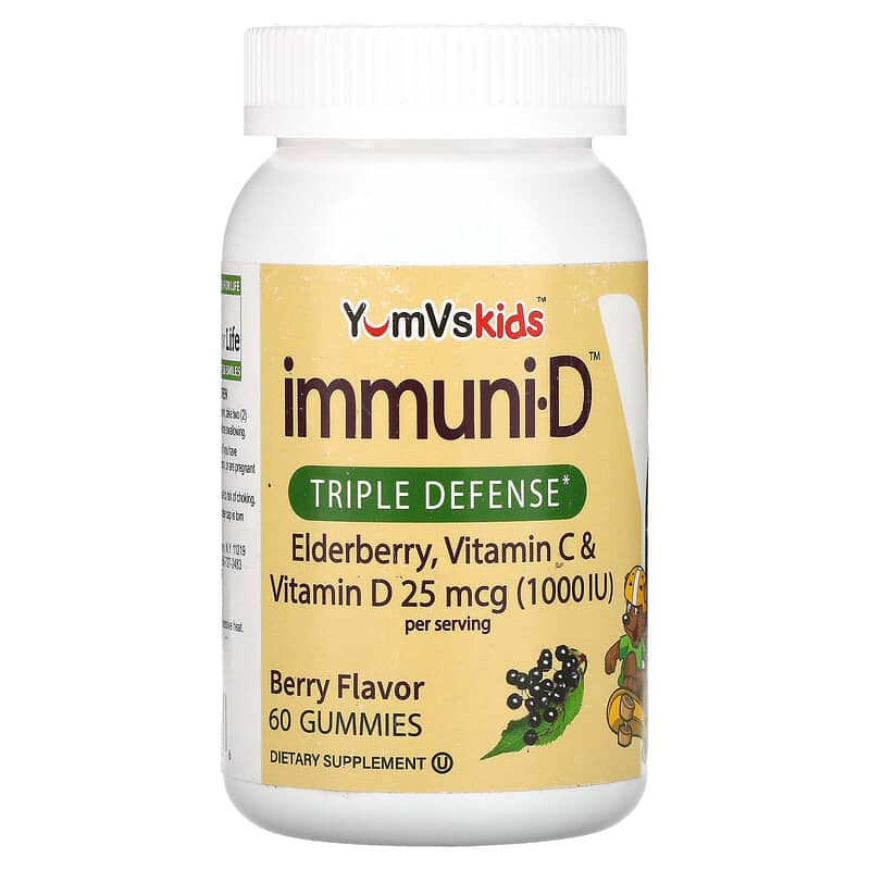 Yum-Vs Kid's Elderberry Vitamin C & Vitamin D Triple Defense Berry 25 mcg (1,000 IU) 60 Gummies 810048610136