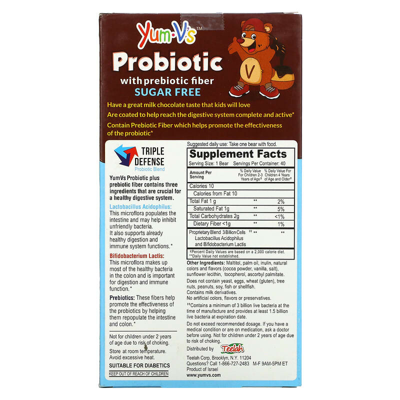 Yum-Vs, Probiotic with Prebiotic Fiber, Milk Chocolate, Sugar-Free, 40 Bears 899105001605
