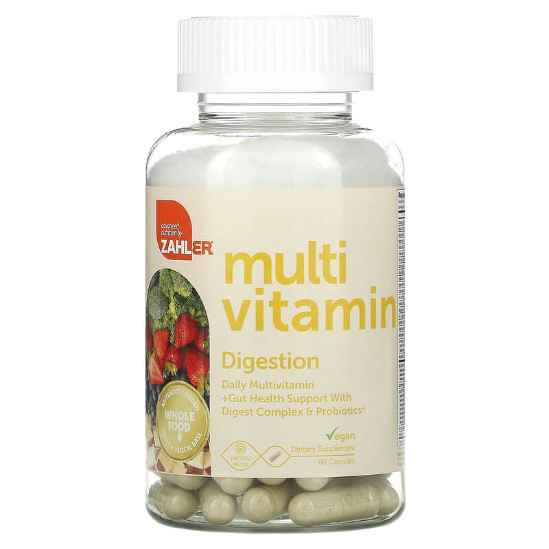 Zahler, Digestion, Daily Multivitamin + Gut Health Support With Digest Complex & Probiotics, 60 Capsules 848998082413