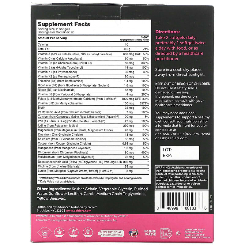 Zahler, Prenatal + DHA 300 Optimal Formula, 180 Softgels 848998081836