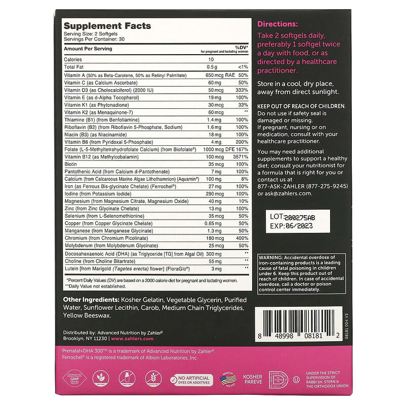 Zahler, Prenatal + DHA 300 Optimal Formula, 60 Softgels 848998081812