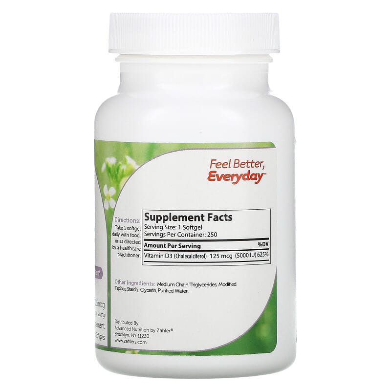 Zahler, Vitamin D3, Advanced D3 Formula, 125 mcg (5,000 IU), 250 Softgels 848998000431