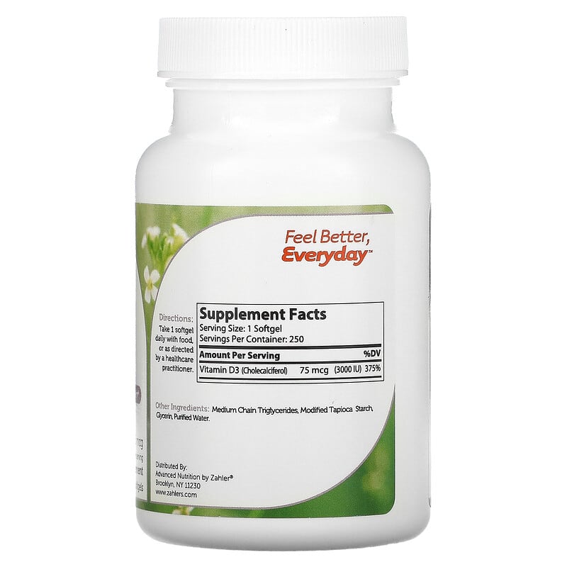 Zahler, Vitamin D3, Advanced D3 Formula, 75 mcg (3,000 IU) , 250 Softgels 848998000400