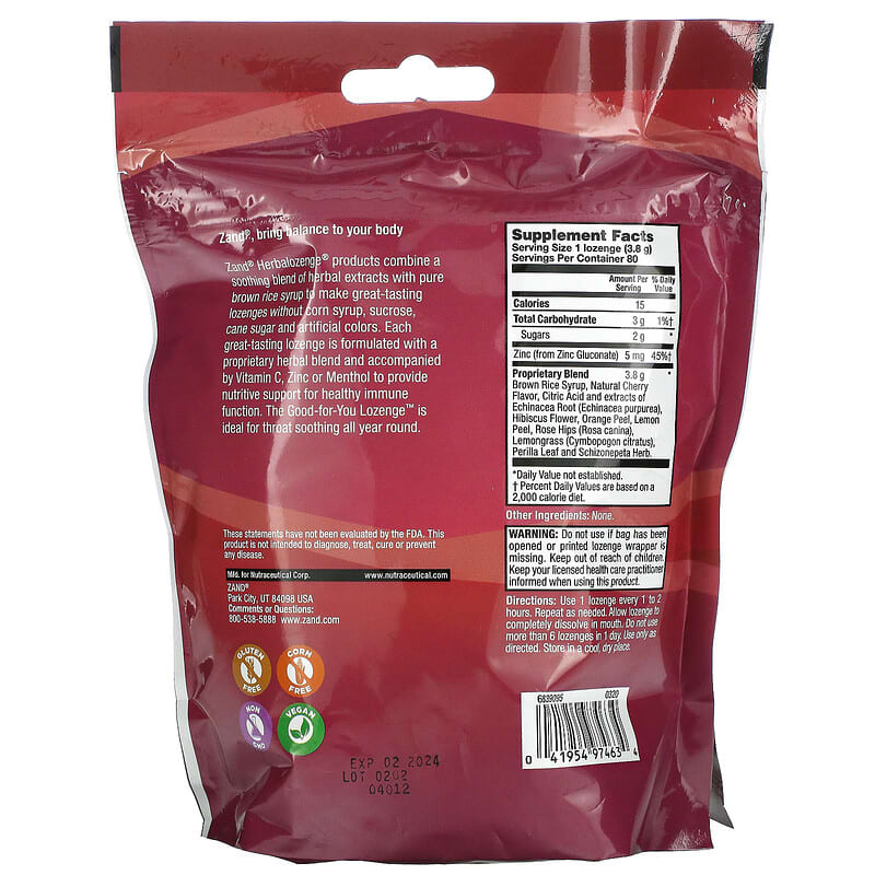 Zand, Echinacea Zinc, Very Cherry, 80 Throat Lozenges 41954974634