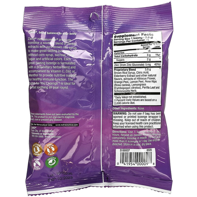 Zand, Elderberry Zinc, Sweet Elderberry, 15 Throat Lozenges 41954000098