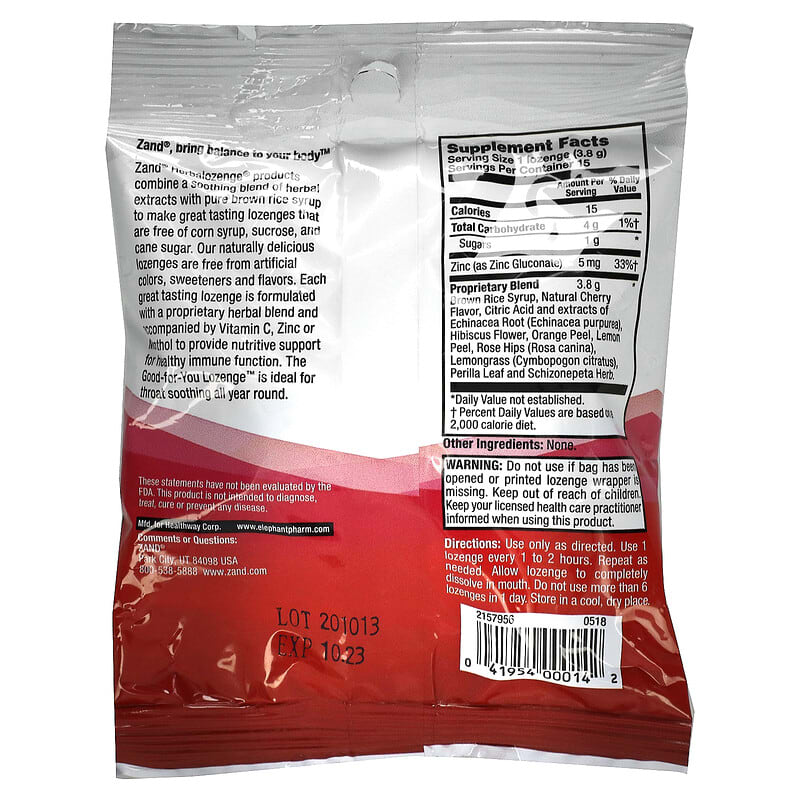 Zand, Herbalozenge, Echinacea Zinc, Very Cherry, 15 Lozenges 41954000142