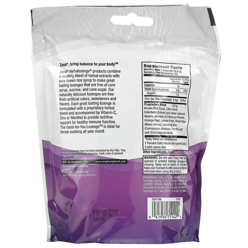 Zand, Herbalozenge, Elderberry Zinc, Sweet Elderberry, 80 Lozenges 41954711420