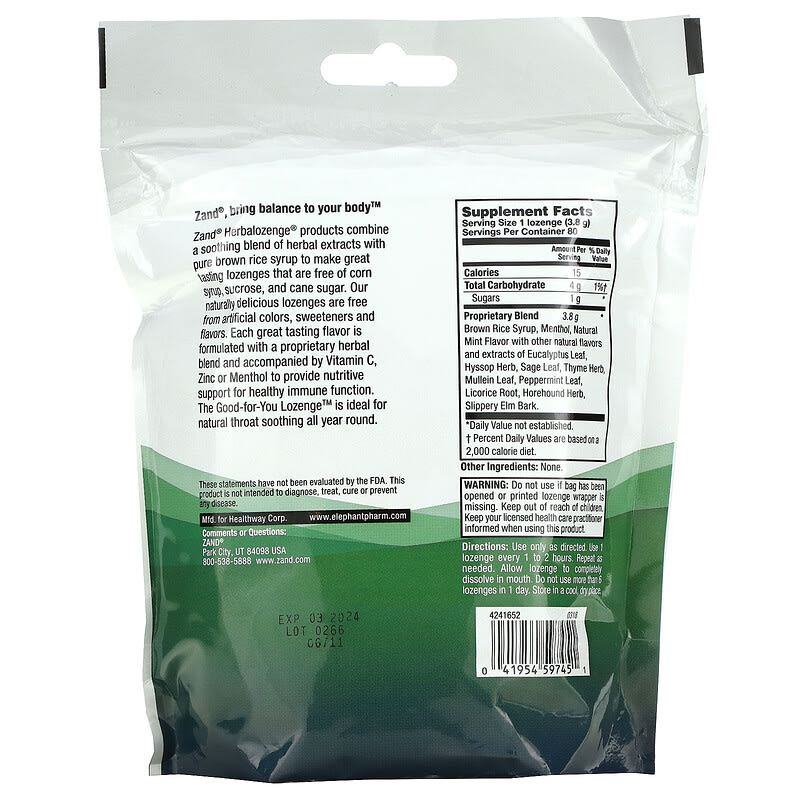 Zand, Herbalozenge, Menthol, Soothing Menthol, 80 Lozenges 41954597451