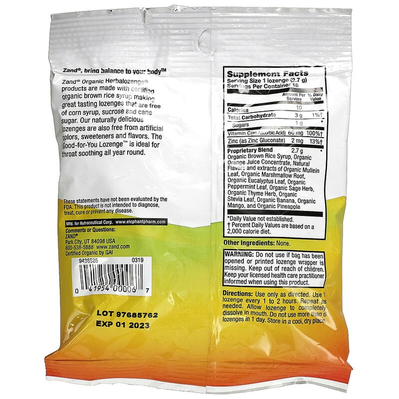 Zand, Herbalozenge, Organic Tropical Soother, 18 Lozenges 41954000067