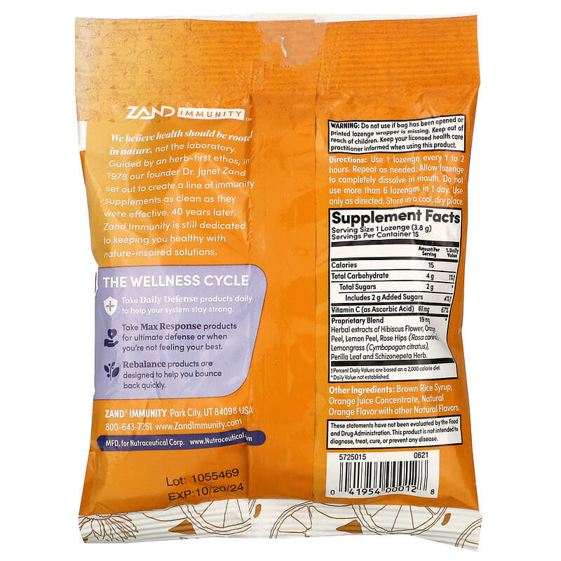 Zand, Immunity, Orange C, Zesty Orange, 15 Lozenges 41954000128