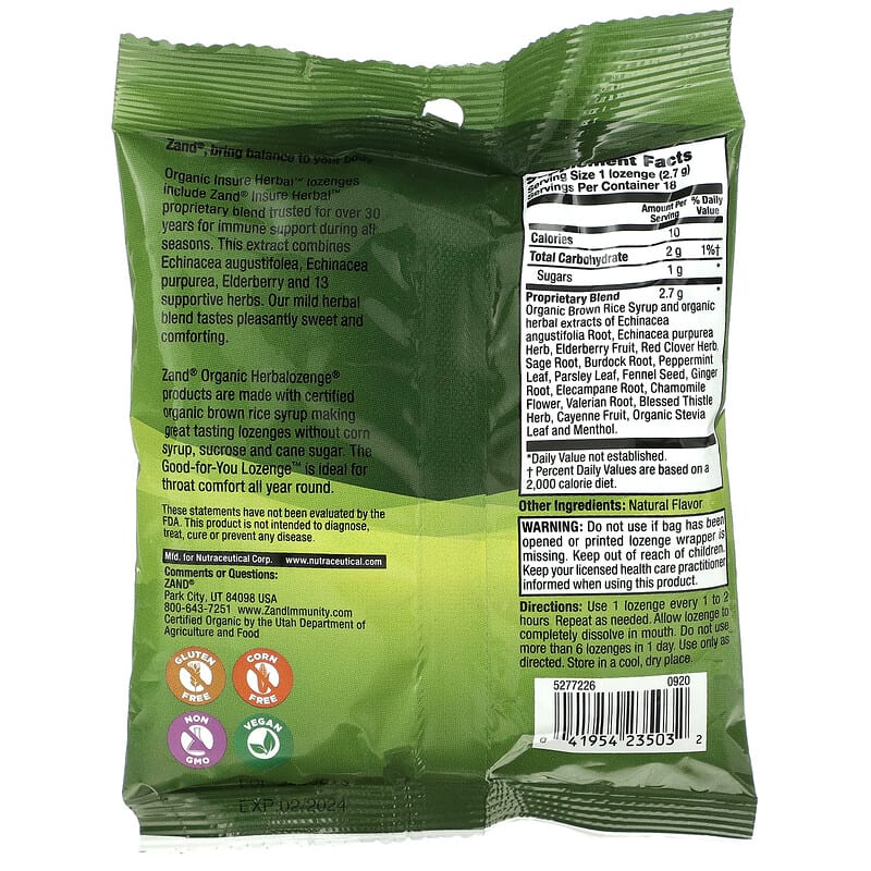 Zand, Naturals, Insure Herbal, 18 Throat Lozenges 41954235032