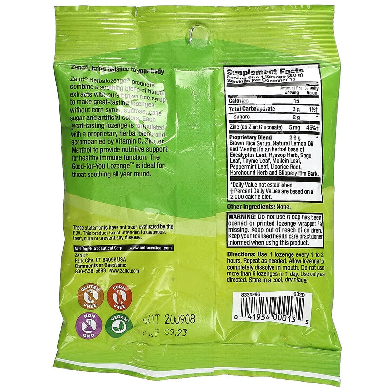 Zand, Naturals, Lemon Zinc, Lemon Mint, 15 Throat Lozenges 41954000135