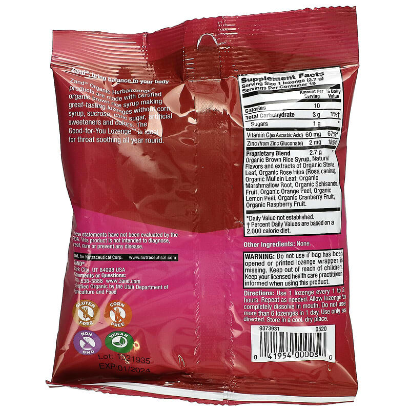 Zand, Naturals, Organic CranRaspberry, 18 Throat Lozenges 41954000050