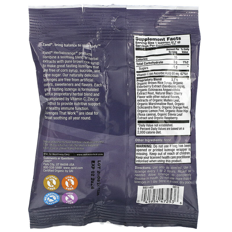 Zand, Naturals, Organic Elderberry C, Berry Soother, 18 Throat Lozenges 41954472536