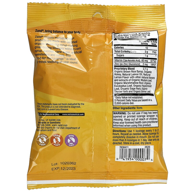 Zand, Naturals, Organic Lemon Honey, 18 Throat Lozenges 41954000074