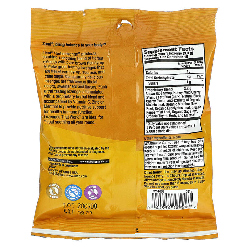 Zand, Naturals, Wild Cherry, Cherry Honey Soother, 15 Throat Lozenges 41954189267