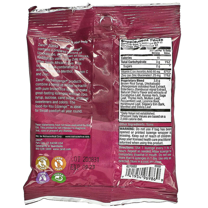Zand, Naturals, Zumka, Cherry Menthol, 15 Throat Lozenges 41954969869